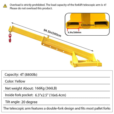 Heavy Duty Forklift Jib Boom Crane With Four Ton Capacity And Telescopic Boom Hook Hoist, 94.5 inch telescopic arm in yellow.