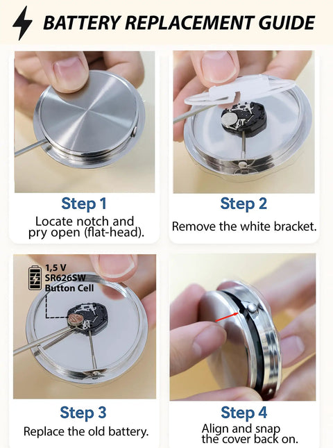 Battery replacement guide for 37mm Mini Clock Insert With Roman Dial, Quartz Movement, Fits 1 3/8 Inch Hole, Button Battery Powered