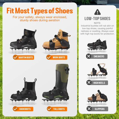 Image showing various footwear options compatible with Pre Assembled Lawn Aerator Shoes With Heavy Duty Spikes for sizes 6 to 14.