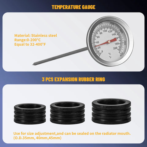 Radiator pressure tester kit components: stainless steel temperature gauge and three black rubber rings