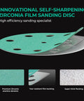 5 Inch 9 Hole 80 Grit Hook And Loop Sanding Discs For 125 Series Orbital Sanders With Film Backing Premium Zirconium Corundum For Fast Clean Cuts 50 Pack with visual features like self-sharpening zirconia, film backing, and thick flocking layers.