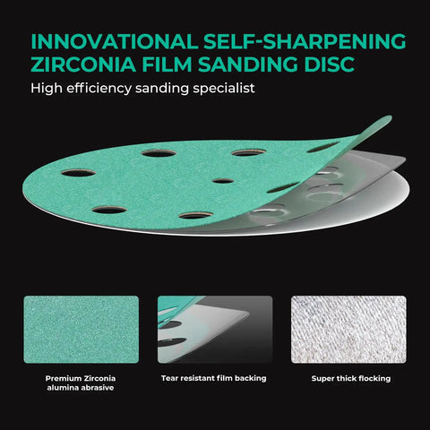 5 Inch 9 Hole 80 Grit Hook And Loop Sanding Discs For 125 Series Orbital Sanders With Film Backing Premium Zirconium Corundum For Fast Clean Cuts 50 Pack with visual features like self-sharpening zirconia, film backing, and thick flocking layers.