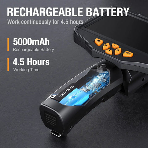 Dual Lens Borescope Inspection Camera with 5000mAh rechargeable battery, 4.5 hours working time, close-up of handle design