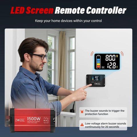 Person using LED screen to control Beefy 1500W Pure Sine Wave Inverter from 12V DC to 110V AC with 3000W peak.