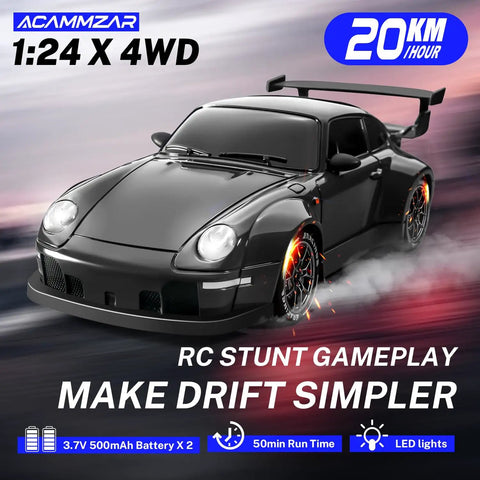 1 to 24 Scale RC Drift Car With 4WD Drive, Lights, And Realistic Drifting Action, Top Speed 20 KMH, Black, front view