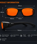 The Real Deal OD7 Plus Laser Safety Glasses With CE Certified Nano PC Lenses showcasing measurements and features on a black background.