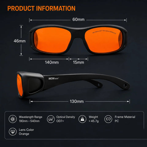 The Real Deal OD7 Plus Laser Safety Glasses With CE Certified Nano PC Lenses showcasing measurements and features on a black background.