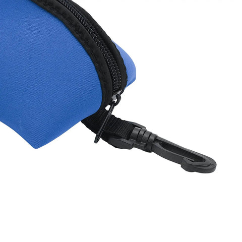 Close-up of blue Neoprene Dive Mask Storage Case Pouch with zipper and clip, compact pouch for goggles and sunglasses