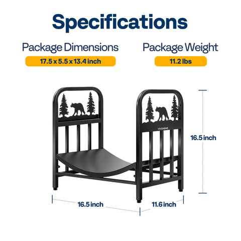 Bear Pattern Firewood Rack 16.5 Inch Wrought Iron Log Holder with dimensions and weight specifications displayed