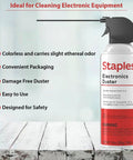 Heavy Duty Compressed Air Duster for Electronics And Office Gear shown upright with nozzle, emphasis on safety and use features.