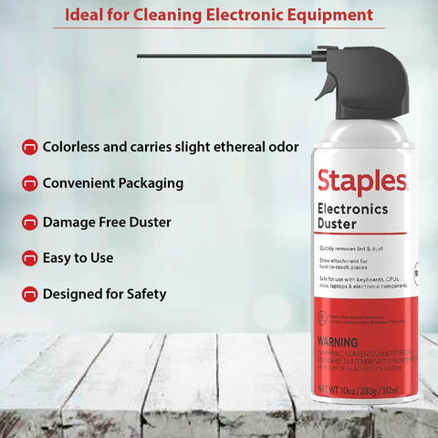 Heavy Duty Compressed Air Duster for Electronics And Office Gear shown upright with nozzle, emphasis on safety and use features.