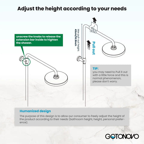 Diagram showing adjustable height feature of Stainless Steel Shower Faucet Set Wall Mounted With All In One Triple Function System.