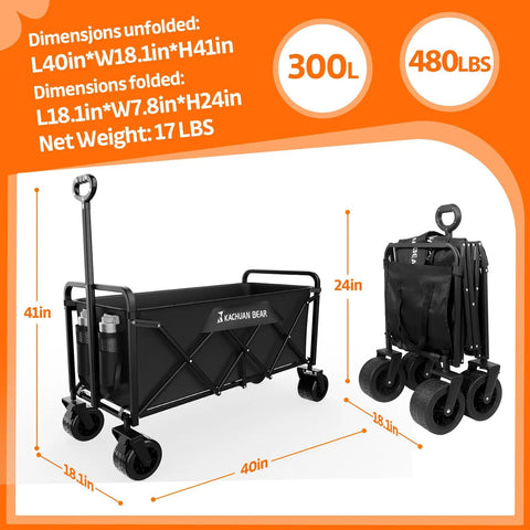 Beefy 300L Collapsible Wagon Cart With All Terrain Beach Wheels Foldable Shopping Utility Cart Heavy Duty 480 Lbs Load
