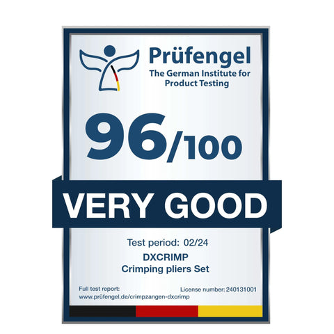 Prüfengel rating 96/100, very good, for DXCRIMP Crimping pliers set by The German Institute for Product Testing.