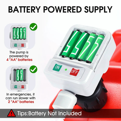 Battery compartment of gas transfer pump showing four AA batteries and on-off switch for Gas Transfer Pump With Auto Stop Sensor