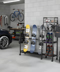 Freestanding ski and snowboard stand with adjustable shelving for helmets and boots in a garage setting. Total Game Changer For Your Ride This Freestanding Ski And Snowboard Stand Boasts Adjustable Shelving For Helmets Boots Gloves And More Super Sturdy Frame With Anti Slip Pads Holds All Your Winter Toys In One Spot.