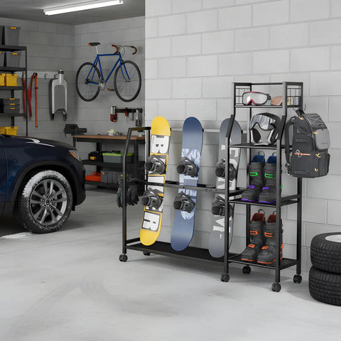 Freestanding ski and snowboard stand with adjustable shelving for helmets and boots in a garage setting. Total Game Changer For Your Ride This Freestanding Ski And Snowboard Stand Boasts Adjustable Shelving For Helmets Boots Gloves And More Super Sturdy Frame With Anti Slip Pads Holds All Your Winter Toys In One Spot.