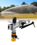 360 Degree Auto Rotating Irrigation Sprayer For Lawn And Garden, 1 Inch FNPT, visible in a field spraying water over grass