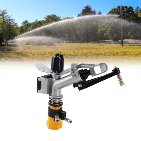 360 Degree Auto Rotating Irrigation Sprayer For Lawn And Garden, 1 Inch FNPT, visible in a field spraying water over grass