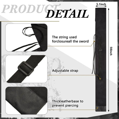 Long Sword Bag For Katana Carrying Case With Shoulder Strap Dope Ninja Sword Sheath, showing black cloth with leather base and adjustable strap.