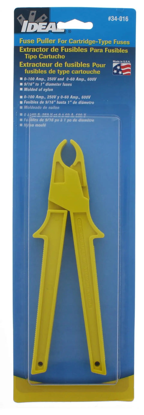 Ideal Industries 34-016 Large Fuse Puller for Heavy Duty Electrical Work, yellow nylon tool for 9/16 to 1 inch fuses.