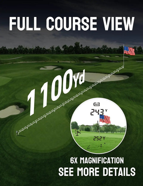Compact Golf Rangefinder With Slope Mode And Magnetic Mount Tournament Legal Yardage Calculator For Precise Distances On Any Terrain Dope Pin Seeker And Budget Friendly For Practice Rounds And Course Play, 6x magnification view of golf course