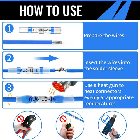 Illustration showing steps for using 400Pcs Solder Seal Wire Connectors Set With Self Soldering Heat Shrink Butt Connectors.