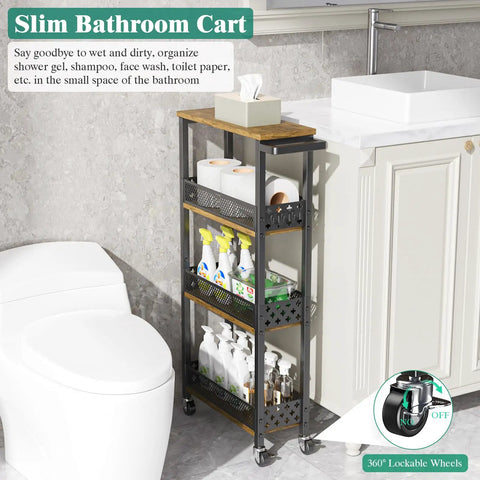 Slim Four Tier Rolling Storage Cart For Kitchen And Bathroom Organization On Wheels Space Saver With Narrow 5.9 Inch Width And Wood Rack fitted by sink and toilet