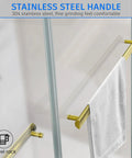 Frameless Sliding Shower Door In Brushed Gold Finish, 60 Inch Wide By 76 Inch High, with towel on stainless steel handle