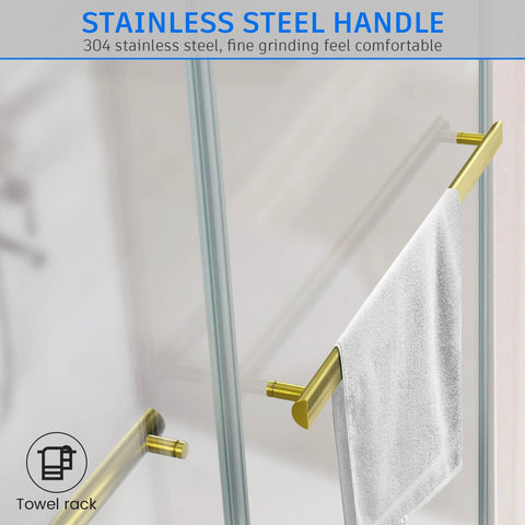 Frameless Sliding Shower Door In Brushed Gold Finish, 60 Inch Wide By 76 Inch High, with towel on stainless steel handle