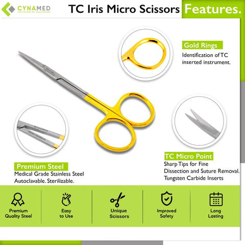 Iris Micro Dissecting Scissors With Tungsten Carbide Inserts And Gold Rings For Pro Grade Precision Tissue Dissection And Suture Removal Straight Blades Four And A Half Inch Premium Quality, gold ring handles, tungsten carbide tips