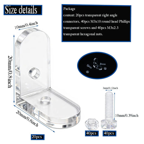 Straight Up Clear Acrylic L Bracket 20 Pack Corner Braces With Screws And Bolts 90 Degree Right Angle Shelf Supports, 20mm size.
