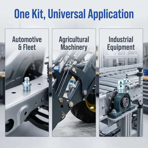 Top Tier Grease Fittings Kit With 100 Pieces Of Galvanized Steel Zerk Nipples Featuring Sae Metric Npt Styles In Straight 45 And 90 Degree Configurations Perfect For Auto Tractors Machinery Heavy Equipment And Daily Garage Jobs Under Any Conditions, shown on automotive, agricultural and industrial equipment
