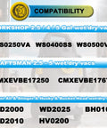 Compatibility chart for 2.5-5 gallon wet/dry vacs showing compatible models for various brands and vacuum types