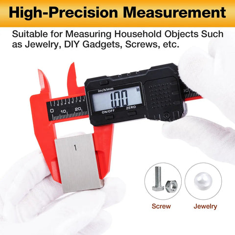 Digital Caliper 6 Inch With Crisp LCD Display measuring metal object, inch and millimeter conversion, precise tool for DIY tasks.