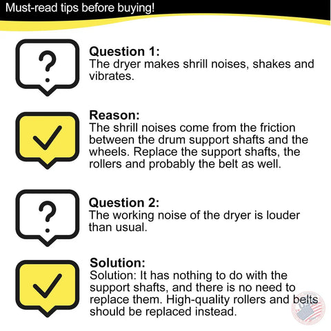 Important tips for diagnosing dryer issues with clear solutions on support shafts, rollers, and belt replacement.