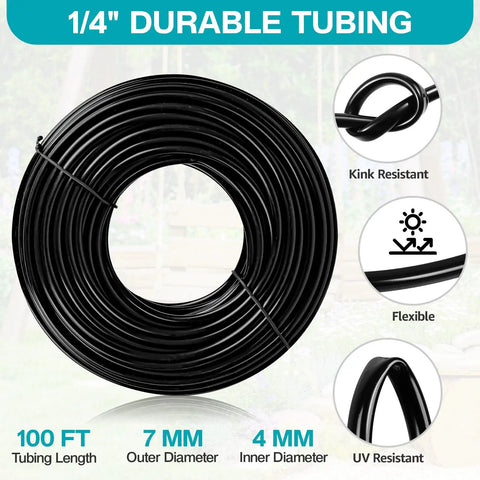Close-up of 100 ft black tubing from Dope Outdoor Patio Water Mister Cooling System Kit with durable and flexible features.