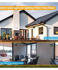 Image of JUDYSSY 200W Solar Spotlight Flood Light installed in outdoor patio and indoor shed for versatile lighting.