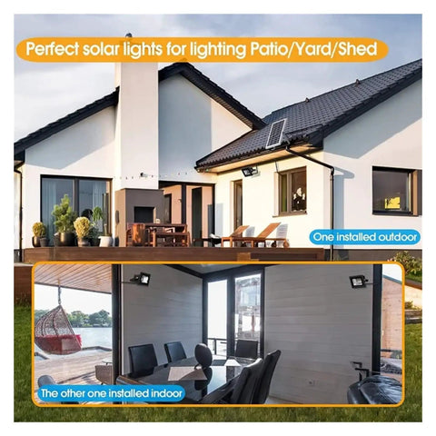 Image of JUDYSSY 200W Solar Spotlight Flood Light installed in outdoor patio and indoor shed for versatile lighting.