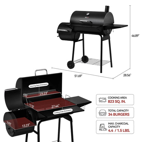 CC1830SC Charcoal Offset Grill Smoker With Cover 823 Square Inches Total Cooking Space Black Outdoor Grill With Open Lid Display