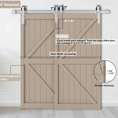 Two wooden sliding barn doors on rails with measurements and specifications, showcasing 6.6Ft Brushed Nickel Barn Door Hardware Kit Built Tough for Single Track Sliding Doors, Heavy Duty Rail System for Double Doors, Carbon Steel Construction with Anti Rust Finish, Quiet Nylon Wheels, Smooth Rolling, Easy DIY Install.