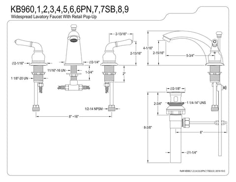 Technical diagram of Magellan Widespread Bathroom Faucet in Polished Nickel, deck mount, 8 to 16 inch spread, 3-hole installation.