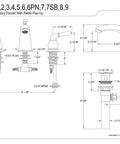 Technical drawing of Widespread Brushed Brass Bathroom Faucet Built Tough Solid Brass Construction Duraseal Washerless Cartridge Deck Mount Eight To Sixteen Inch Spread Three Hole Installation One Point Two GPM At Sixty PSI One Half Inch IPS Connection Traditional Style