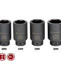 Four Piece Axle Nut Socket Set For Front Wheel Drive 30mm 32mm 34mm 36mm 6 Point Chrome Vanadium Sockets in a row