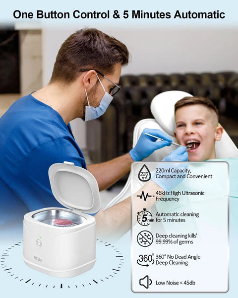 Dentist using 2-In-1 Ultrasonic Retainer And Jewelry Cleaner With 46KHz Deep Cleaning Power Portable Dental Cleaning Pod in clinic.