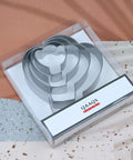 Hot Air Balloon Cookie Cutter Set Four Piece Kit In Stainless Steel With 5 Inch 4 Inch 3 Inch And 2 Inch Shapes in packaging