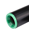 Raindrip 1/2-in compression elbow, close-up of black plastic pipe end with green compression ring