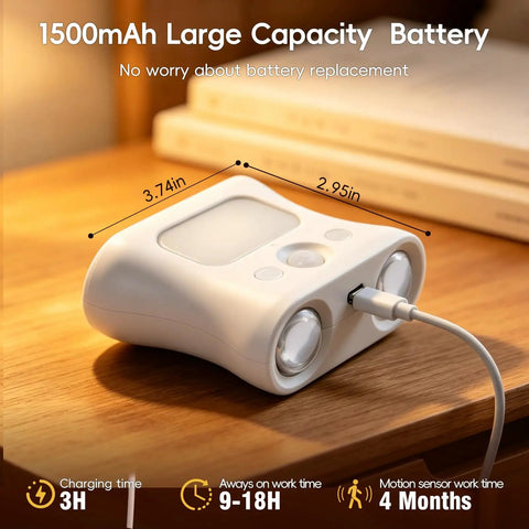 Motion Sensor Light Indoor with Remote, Rechargeable Wireless LED Sconce showing 1500mAh battery dimensions and charging port.