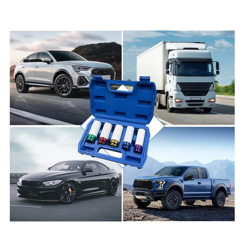 Easy-Grip Thin Wall Wheel Nut Socket Set - 5-Piece Kit With 15, 17, 19, 21, 22mm Sockets For Cars, Trucks, SUVs And Pickups shown with vehicles