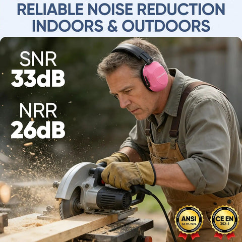 Man using a circular saw while wearing Soft Pink Hearing Protection Ear Muffs For Adults With 26 dB NRR Adjustable Safety Earmuffs